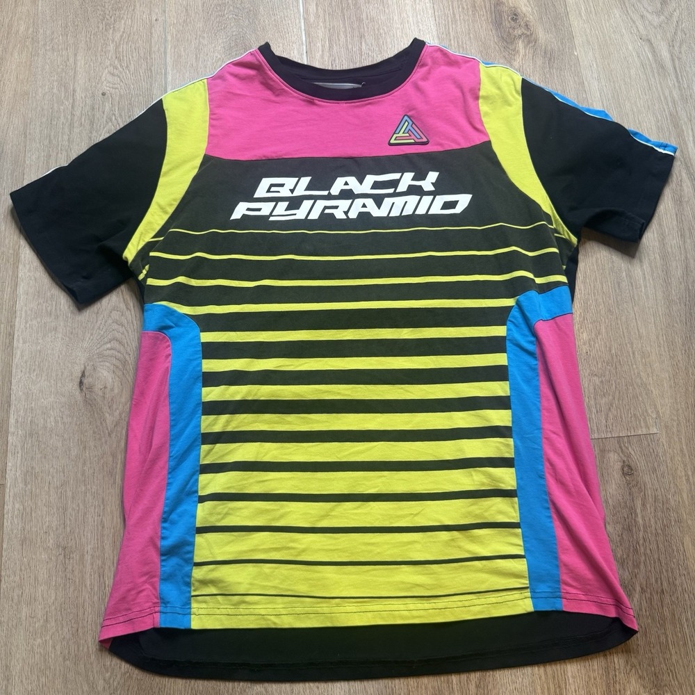 Black Pyramid Shirt Mens XLarge XL Black Pink Neon Striped Colorblock Crewneck